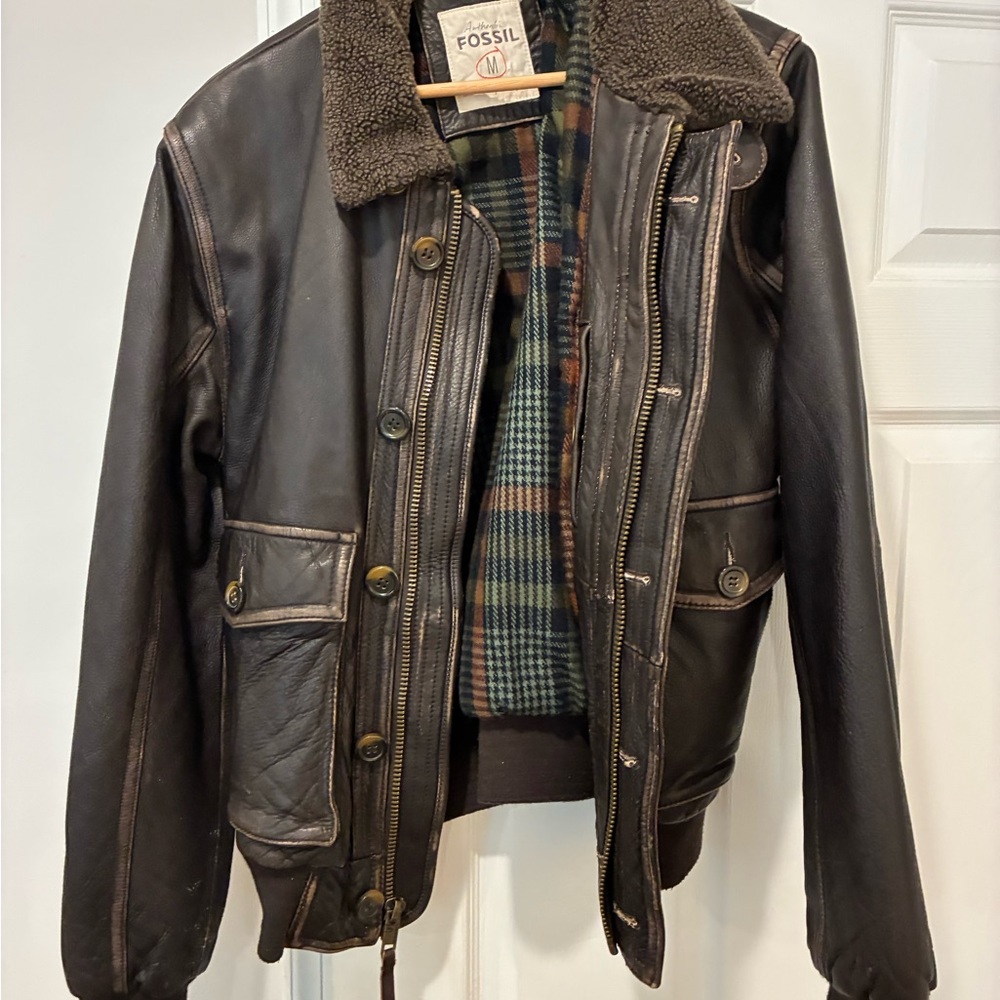 Fossil Men's Dark Brown Leather Bomber Jacket